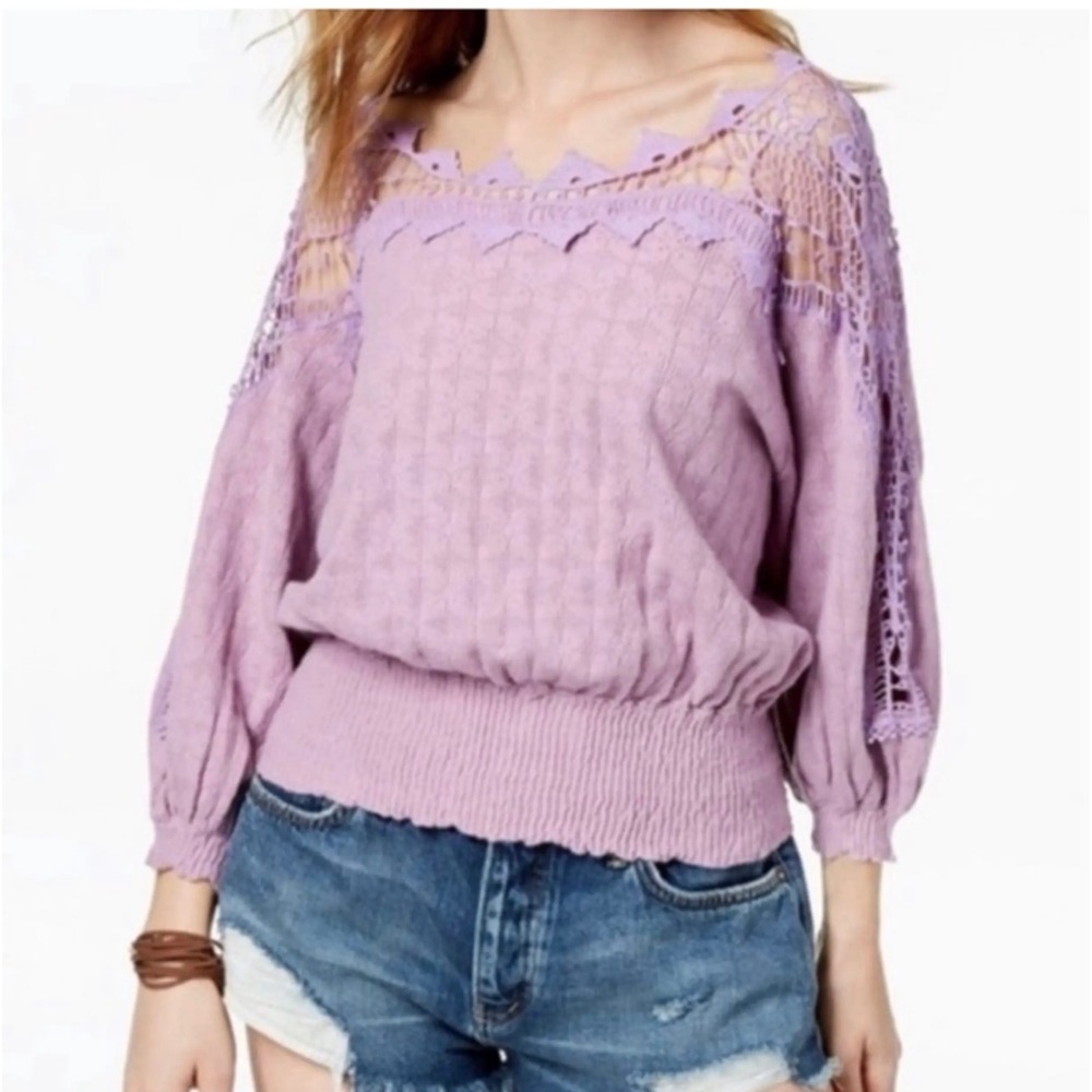Free People Lavender Crochet Love Lace Yoke‎ Smocked Hem Blouson Sweater Large